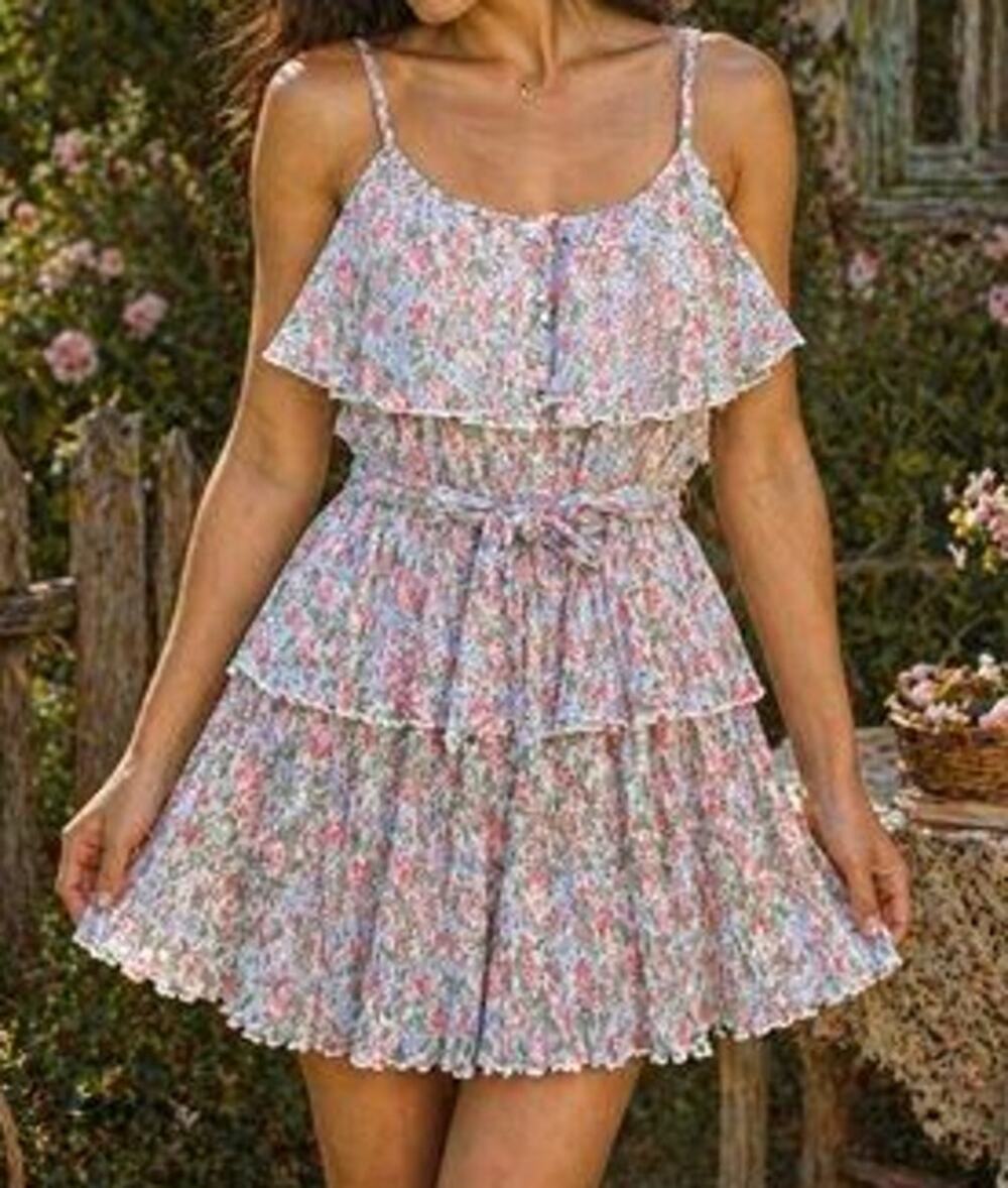 MABLE Cream Floral Crinkle Tiered Mini Dress Spaghetti Strap Medium NWT